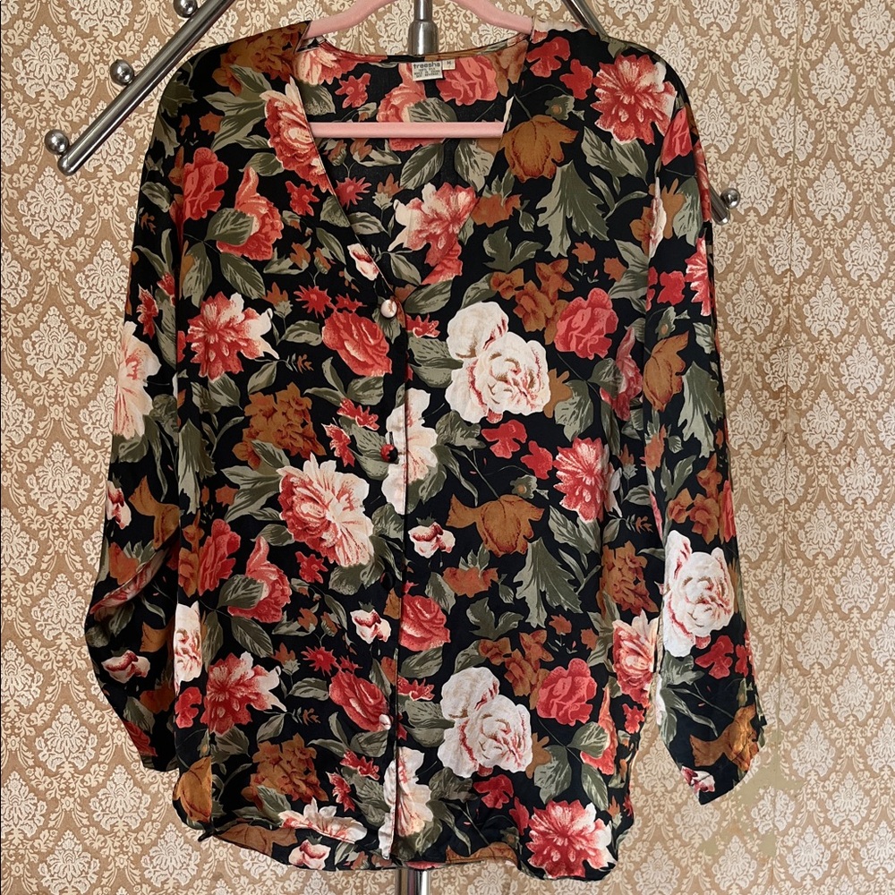 Vintage 100% Silk Floral Button Up